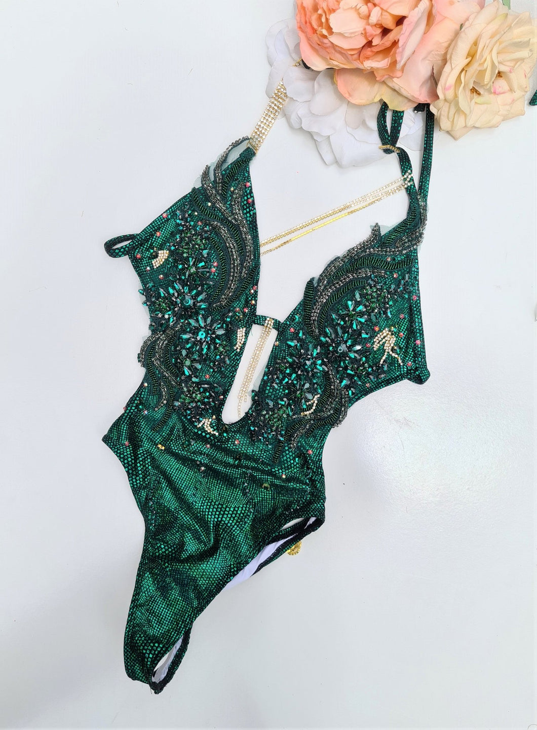 Green couture onepiece swimsuit with real Austrian crystals - KoKo AustraliaGreen couture onepiece swimsuit with real Austrian crystalsKoKo Australia