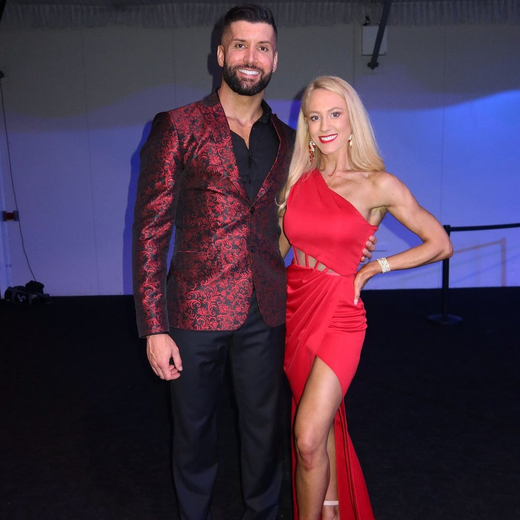 Vibrant matte red gown with mesh middle