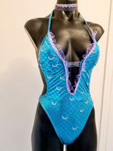 Load image into Gallery viewer, Mermaid onepiece swimsuit with crystal scales and lilac trim - stage wear
