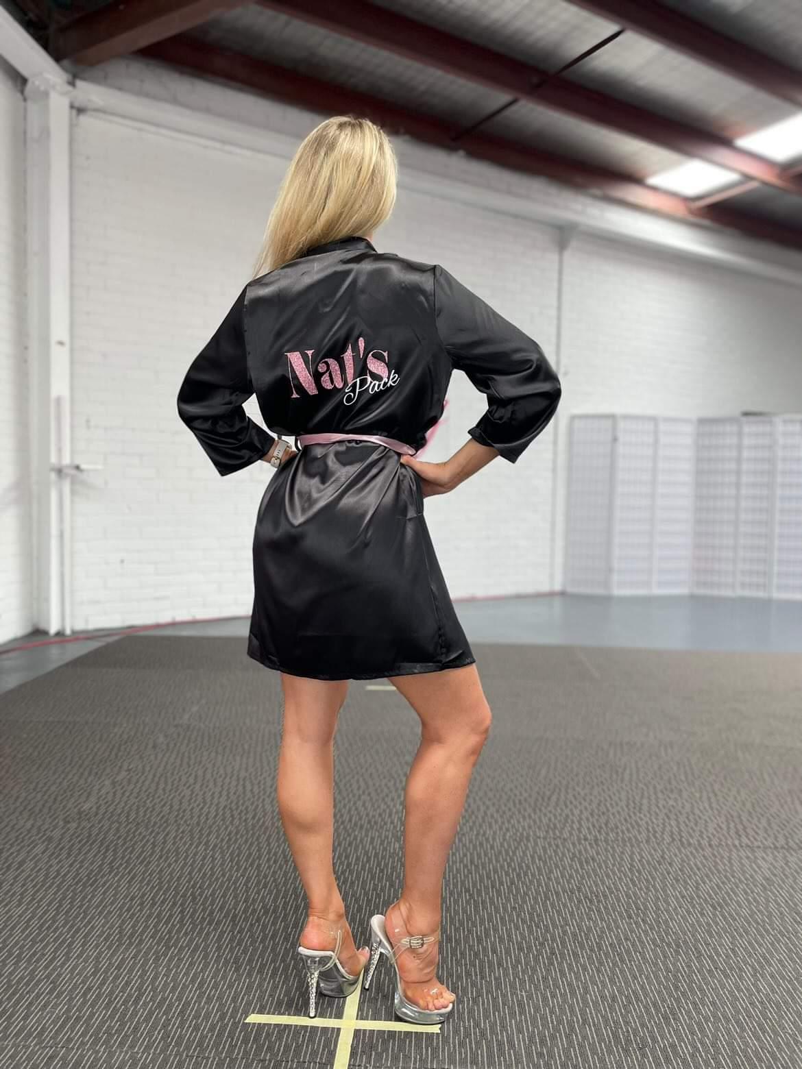 Black and pink custom Team Competition Robe for Nat Kitney Posing Coach - KoKo AustraliaBlack and pink custom Team Competition Robe for Nat Kitney Posing CoachrobeKoKo Australia