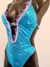Load image into Gallery viewer, Mermaid onepiece swimsuit with crystal scales and lilac trim - stage wear
